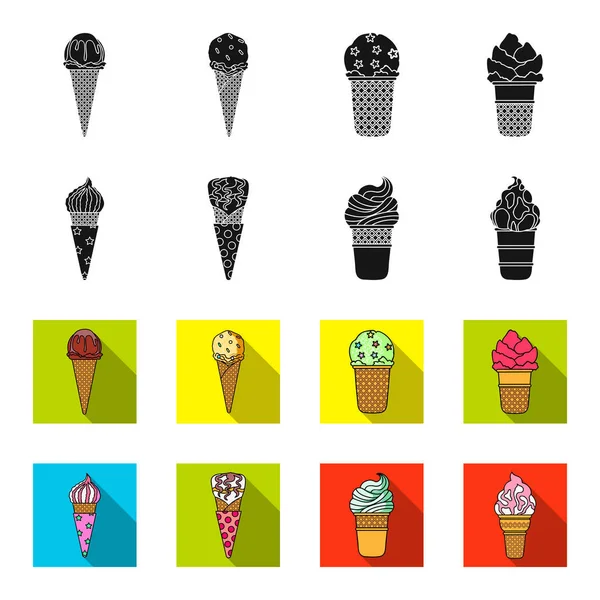 Helado en un palo, en un cono de gofre y otras especies. Conjunto de iconos de colección de helados en negro, flet estilo vector símbolo stock ilustración web . — Archivo Imágenes Vectoriales