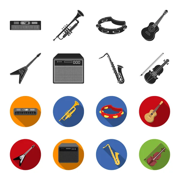E-Gitarre, Lautsprecher, Saxophon, Geige. Musikinstrumente setzen Sammlungssymbole in schwarz, Vektor-Symbole im Flet-Stil Stock Illustration Web. — Stockvektor