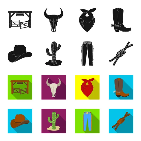 Kalap, kaktusz, farmer, csomót a lasszót. Rodeo készlet gyűjtemény ikonok-ban fekete, flet stílusú vektor stock illusztráció web szimbólum. — Stock Vector