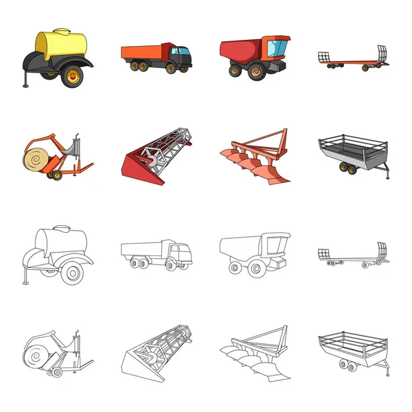 Pflug, Drescher, Anhänger und andere landwirtschaftliche Geräte. Landmaschinen Set Sammlung Symbole in Cartoon, umreißen Stil Vektor Symbol Stock Illustration Web. — Stockvektor