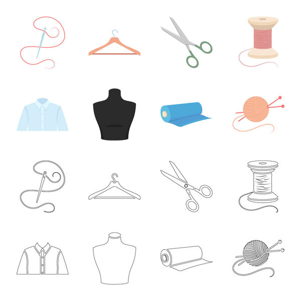 A man shirt, a mannequin, a roll of fabric, a ball of threads and knitting needles.Atelier set collection icons in cartoon,outline style vector symbol stock illustration web.