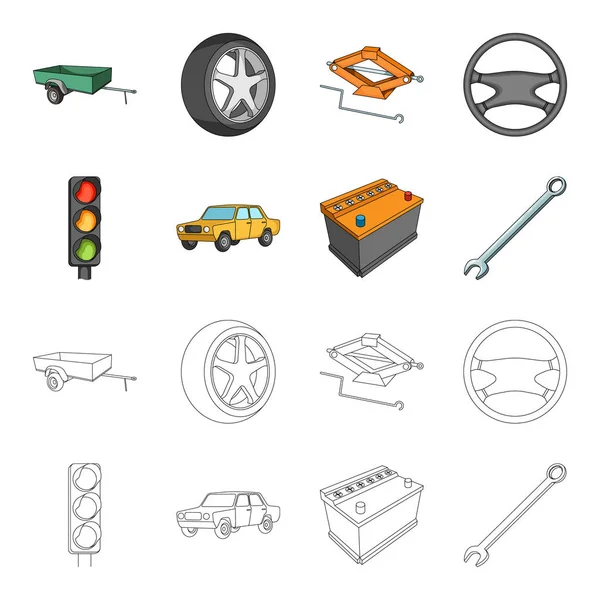 Trafikljus, gammal bil, batteri, skiftnyckel, bil som samling ikoner i tecknad, disposition stil vektor symbol stock illustration web. — Stock vektor