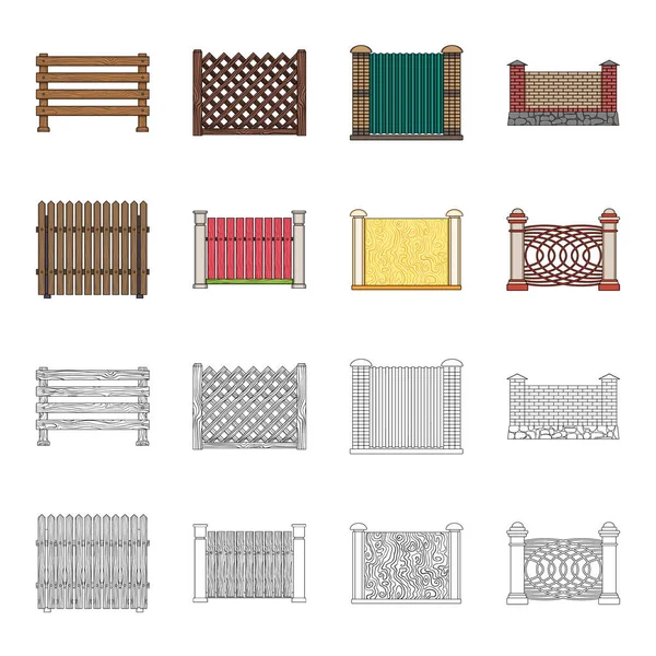Ett staket av metall och tegel, trä palissad. Ett olika staket som samling ikoner i tecknad, disposition stil vektor symbol stock illustration web. — Stock vektor