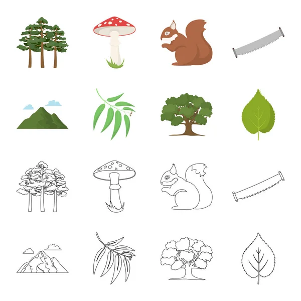 Berg, wolk, boom, tak, blad. Forest instellen collectie iconen in de tekenfilm, overzicht stijl vector symbool stock illustratie web. — Stockvector