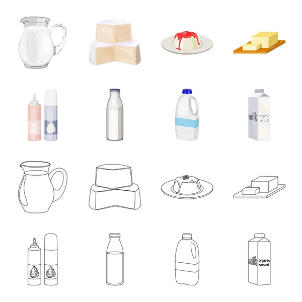 牛奶, 钙, 产品, 食物。牛奶产品和甜集合图标在卡通, 轮廓风格矢量符号股票插画网站. — 图库矢量图片