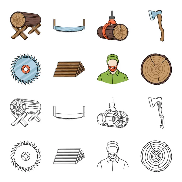 圆锯, 一个工作的木匠, 一堆日志。一个锯木厂和木材集合图标在卡通, 轮廓风格矢量符号股票插画网站. — 图库矢量图片
