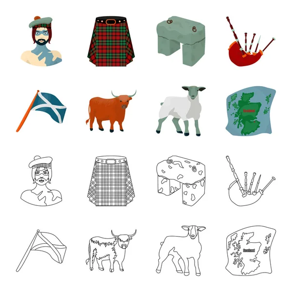 La bandiera di stato di Andreev, Scozia, il toro, le pecore, la mappa della Scozia. Scozia set icone di raccolta in cartone animato, contorno stile vettore simbolo stock illustrazione web . — Vettoriale Stock