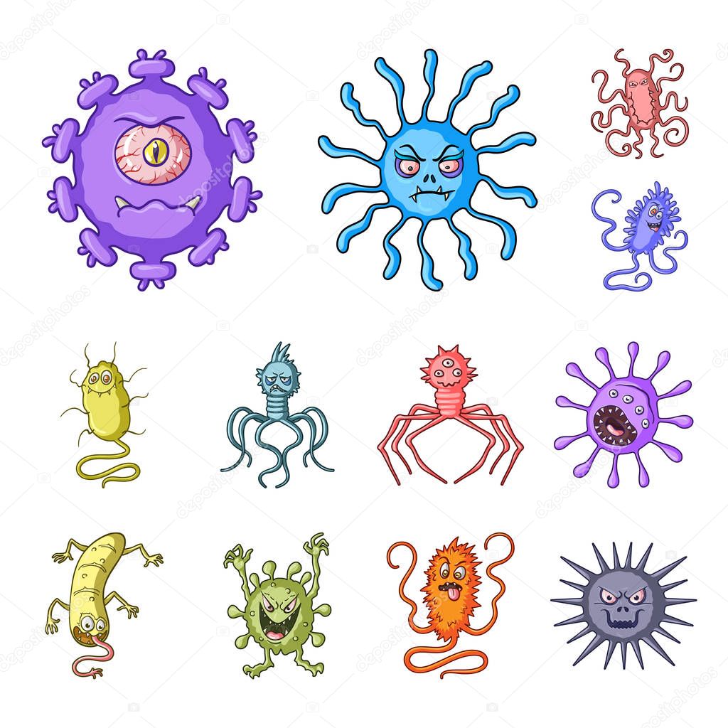 Types of funny microbes cartoon icons in set collection for design. Microbes pathogenic vector symbol stock  illustration.