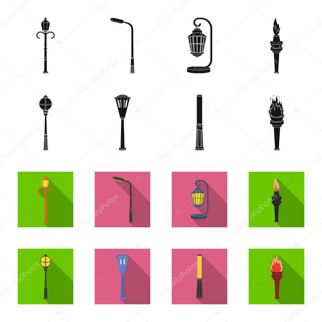Lamppost in retro style, modern lantern, torch and other types of streetlights. Lamppost set collection icons in black,flet style vector symbol stock illustration web.