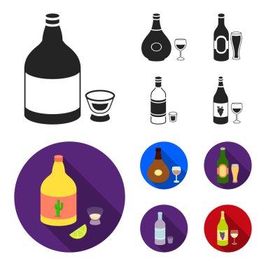 Tekila, konyak, bira, votka. Alkol toplama simgeler siyah, düz stil vektör simge stok çizim web içinde ayarla..