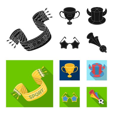 Bir eşarp, boynuzları olan bir şapka ve diğer öznitelikleri fanlar. Hayranları toplama simgeler siyah, düz stil vektör simge stok çizim web içinde ayarla..