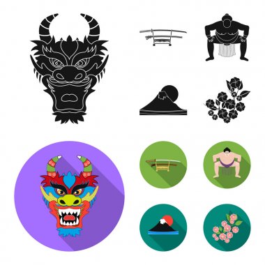 Dragon maskesi, katano, bir adam bir sumo, fujiama dağ ismi. Japonya toplama simgeler siyah, düz stil vektör simge stok çizim web içinde ayarla..