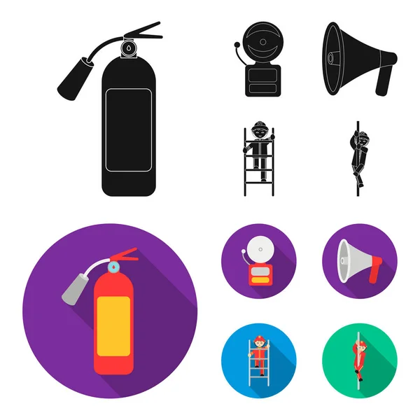 Огнетушитель, сигнализация, мегафон, пожарный на лестнице. Иконки коллекции наборов пожарных департаментов в черном, плоском стиле, векторные символы иконок . — стоковый вектор