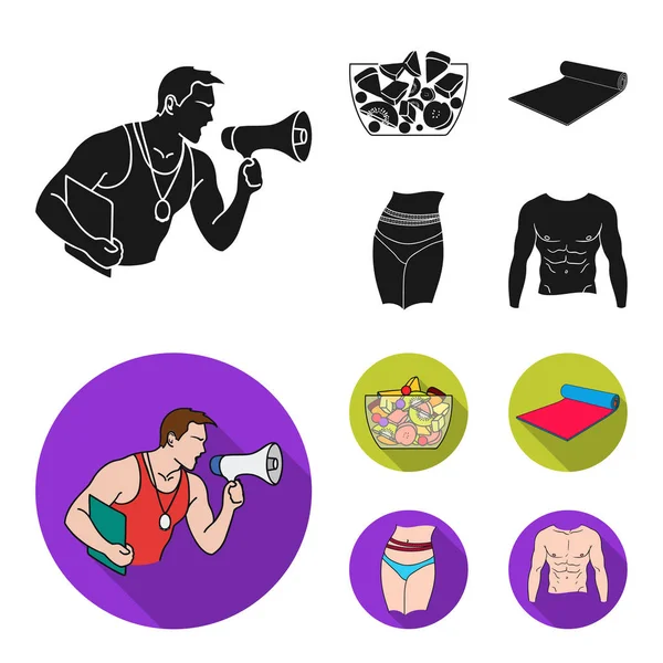 Treinador pessoal, salada de frutas, tapete, cintura feminina. Fitnes conjunto coleção ícones em preto, estilo plano símbolo vetorial ilustração web . —  Vetores de Stock
