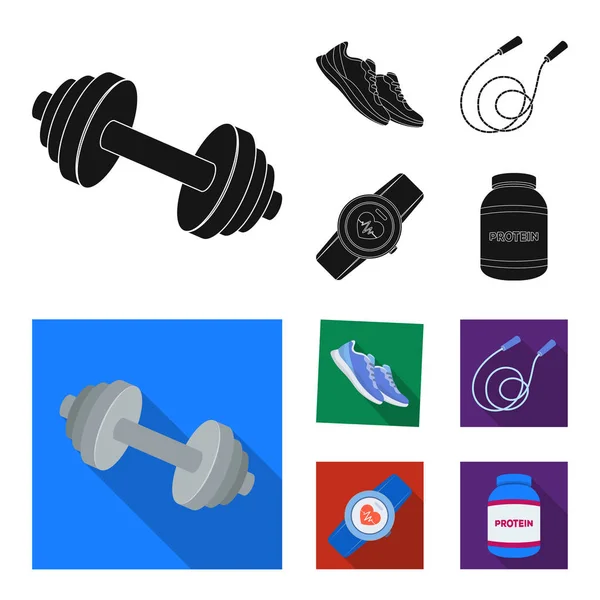 Haltère, corde et autres équipements pour l'entraînement.Ensemble de gymnastique et d'entraînement icônes de la collection en noir, symbole vectoriel de style plat illustration web . — Image vectorielle