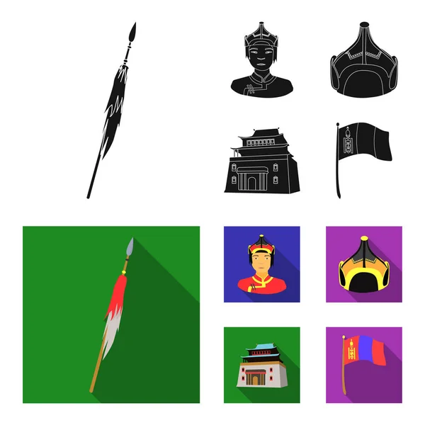 Militaire speer, Mongoolse strijder, helm, gebouw. Mongolië instellen collectie iconen in zwart, plat stijl vector symbool stock illustratie web. — Stockvector