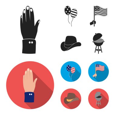 Balonlar, ulusal bayrak, kovboy şapkası, el palm. Vatansever gün toplama simgeler siyah, düz stil vektör simge stok çizim web içinde ayarla..