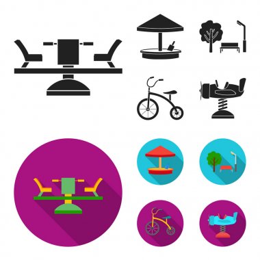 Carousel, kum, park, üç tekerlekli bisiklet. Bahçesi toplama simgeler siyah, düz stil vektör simge stok çizim web içinde ayarla..