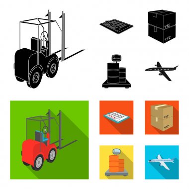 Forklift, Teslimat makbuzları, paketlenmiş ürünler, Terazi tartı üzerinde kargo. Lojistik ve dağıtım toplama simgeler siyah, düz stil izometrik vektör simge stok çizim web ayarla.