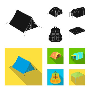 Sırt çantası ve diğer tür çadır. Çadır toplama simgeler siyah, düz stil vektör simge stok çizim web içinde ayarla..