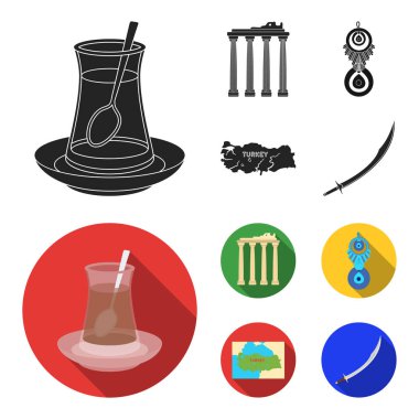 Türk çayı, muska, Harabeleri antik, bölge haritası. Türkiye'nin toplama simgeler siyah, düz stil vektör simge stok çizim web içinde ayarla..