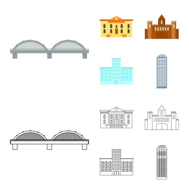 Müze, köprü, kale, hastane. Binada toplama simgeler çizgi film, anahat stili vektör simge stok çizim web.