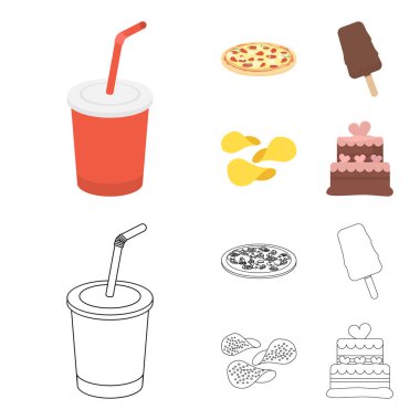Cola, pizza, dondurma, cips. Fast food toplama simgeler çizgi film, anahat stili vektör simge stok çizim web ayarla..