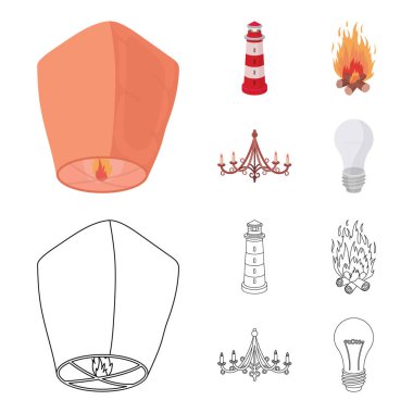 Işık bir fener, bir deniz feneri, bir yangın, mumlar ile bir avize. Çizgi film, anahat stili vektör simge stok çizim web simgeler ışık kaynağı ayarla.