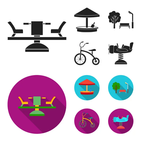 Carousel, sandbox, park, tricycle. Playground set collection icons in black, flat style vector symbol stock illustration web. — Stock Vector