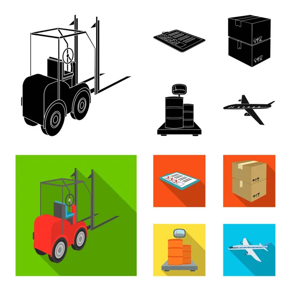 Gabelstapler, Lieferscheine, verpackte Waren, Fracht auf Waagen. Logistik und Lieferung Set Sammlung Symbole in schwarz, flachen Stil isometrischen Vektor Symbol Stock Illustration Web. — Stockvektor