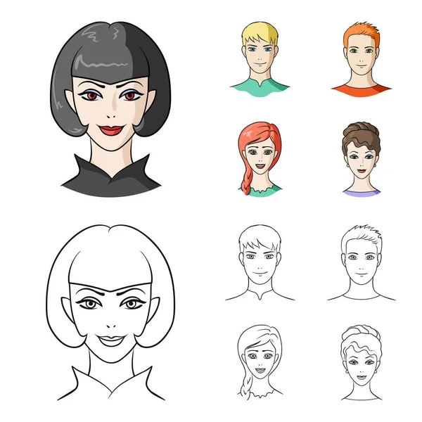 Verschillende looks van jonge mensen. Avatar en gezicht ingesteld collectie iconen in de tekenfilm, overzicht stijl vector symbool stock illustratie web. — Stockvector