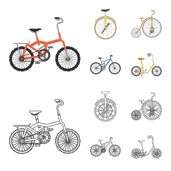 Ρετρό, unicycle και άλλα είδη. Διαφορετικά ποδήλατα που συλλογή εικονιδίων στο σκίτσο, περίγραμμα στυλ διάνυσμα σύμβολο μετοχής εικονογράφηση web. — Διανυσματικό Αρχείο