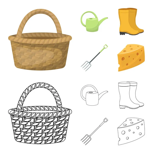 Basket wicker, watering can for irrigation, rubber boots, forks. Farm and gardening set collection icons in cartoon,outline style vector symbol stock illustration web. — Stock Vector