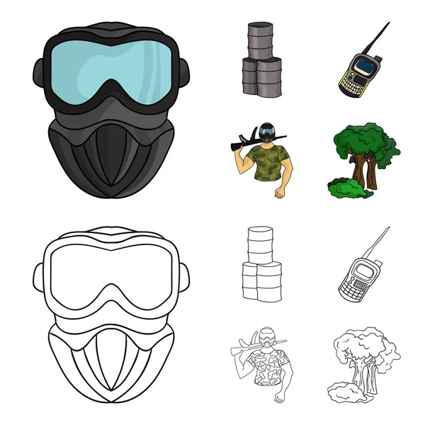 Equipo, máscara, barril, barricada. Iconos de colección conjunto Paintball en dibujos animados, contorno estilo vector símbolo stock ilustración web . — Archivo Imágenes Vectoriales