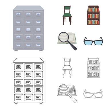 Dosya dolabı, sandalye, raflar kabine, bilgi arayın. Kütüphane ve kitabevi çizgi film, anahat stili vektör simge stok çizim web simgeler ayarla.