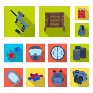 Paintball takım set koleksiyonu tasarım için oyun düz simgeler. Ekipman ve kıyafet sembol stok web illüstrasyon vektör.