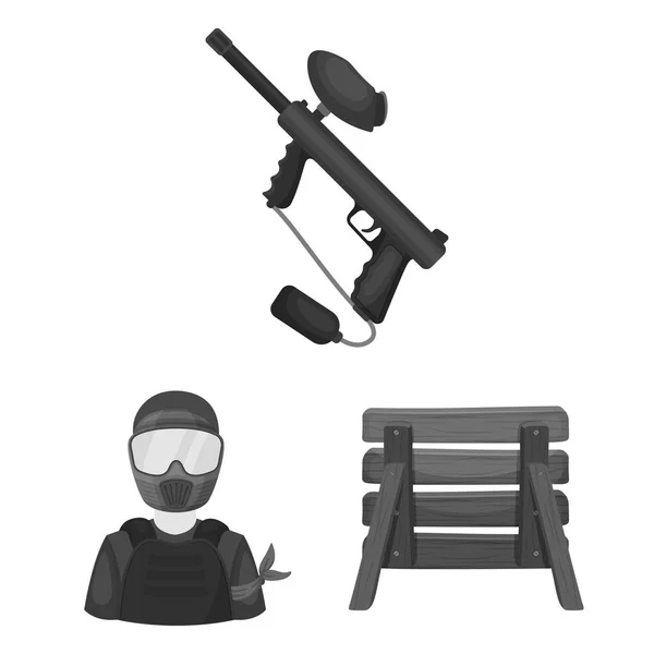 Paintball, iconos monocromáticos del juego de equipo en la colección del sistema para el diseño. Equipo y equipo vector símbolo stock web ilustración . — Vector de stock