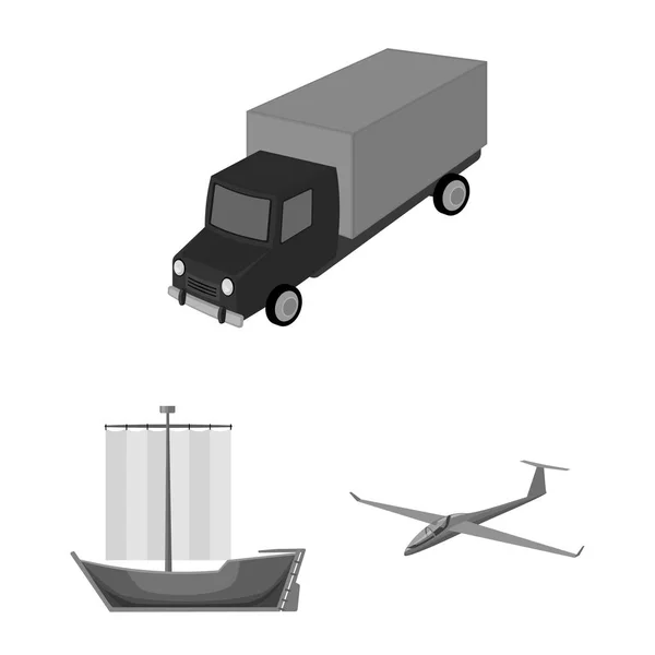Diferentes tipos de iconos monocromáticos de transporte en la colección de conjuntos para el diseño. Coche y barco vector símbolo stock web ilustración . — Archivo Imágenes Vectoriales