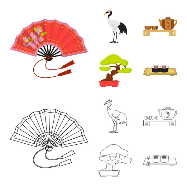 stock vector Fan, red crown crane, tea ceremony, bonsai.Japan set collection icons in cartoon,outline style vector symbol stock illustration web.