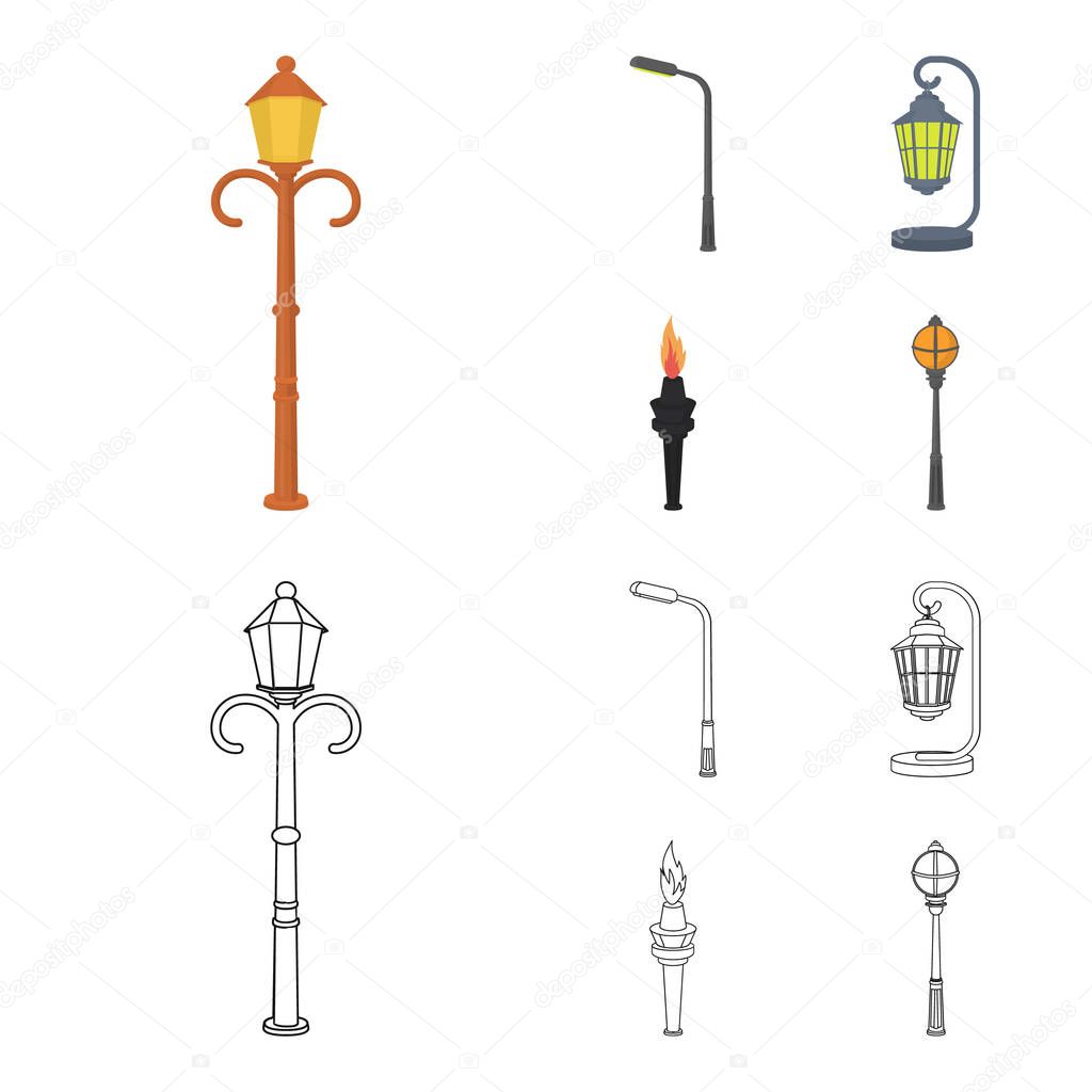 Lamppost in retro style,modern lantern, torch and other types of streetlights. Lamppost set collection icons in cartoon,outline style vector symbol stock illustration web.