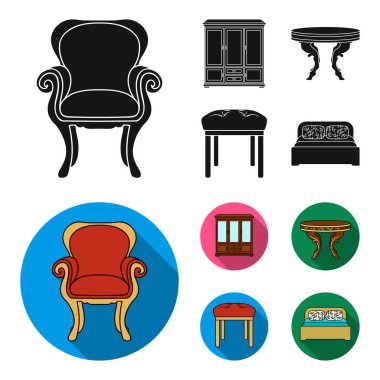 Mobilya, iç, tasarım, sandalye. Siyah, düz stil vektör simge stok çizim web mobilya ve ev interiorset toplama simgeler.