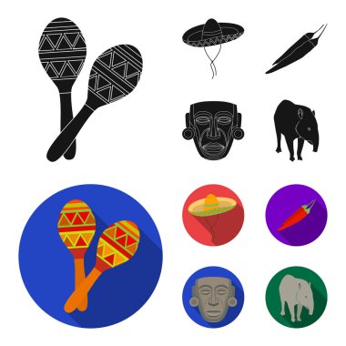 Marakas Ulusal müzik aleti, sambrero geleneksel Meksika headdress, kırmızı biber, acı, Idol-Tanrı. Meksika ülke toplama simgeler siyah, düz stil vektör simge stok şekilde ayarla.