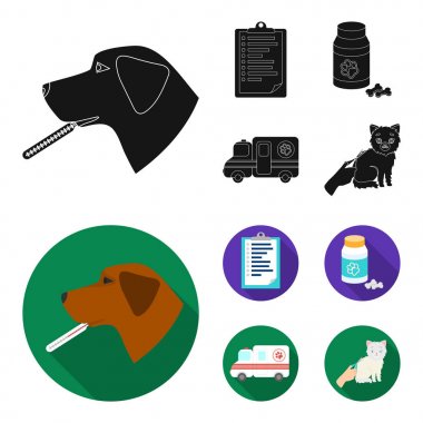 Hastane, veteriner, köpek, termometre. Veteriner klinik toplama simgeler siyah, düz stil vektör simge stok çizim web içinde kurmak..
