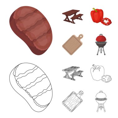 Kızarmış biftek, gevşeme, tatlı biber, kesme tahtası için bir Bank ile tablo. Barbekü toplama simgeler çizgi film, anahat stili vektör simge stok çizim web ayarla. .