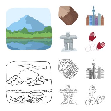 Göller, dağlar, Si-tr kule ve diğer sembollerin Canada.Canada çizgi film, anahat stili vektör simge stok çizim web simgeler ayarla.