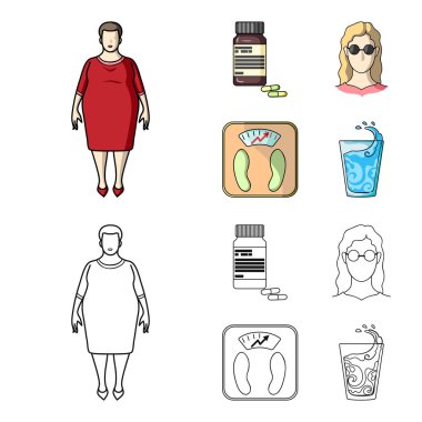 Tam kadın, gözlüklü bir kız, bir Terazi ile mükemmel sonuç. Diabeth çizgi film, anahat stili vektör simge stok çizim web simgeler ayarla.