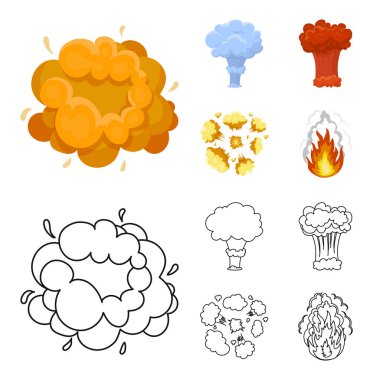 Alevi, kıvılcım, hidrojen parçaları, atom veya gaz patlaması. Patlamalar toplama simgeler çizgi film, anahat stili vektör simge stok çizim web ayarla..