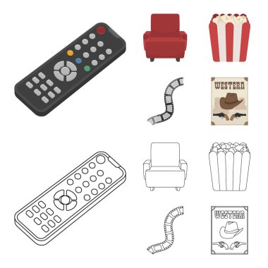 Kontrol paneli, bir koltuk için görüş, patlamış mısır. Filmler ve film çizgi film, anahat stili vektör simge stok çizim web simgeler ayarla.