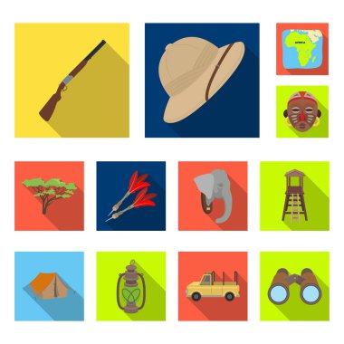 Afrika Safari set koleksiyonu tasarım için düz simgeler. Sembol stok web illüstrasyon vektör kupa ve Safari için donatım.