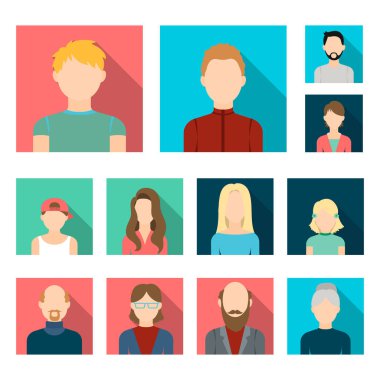 Avatar ve yüz düz simgeler set koleksiyonu tasarım için. Bir kişi görünümü vektör simge stok web çizim.